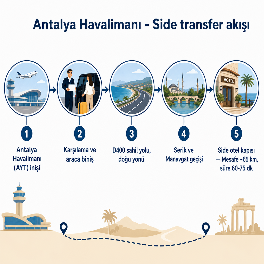 Fünfstufiges Flussdiagramm des Transfers vom Flughafen Antalya nach Side