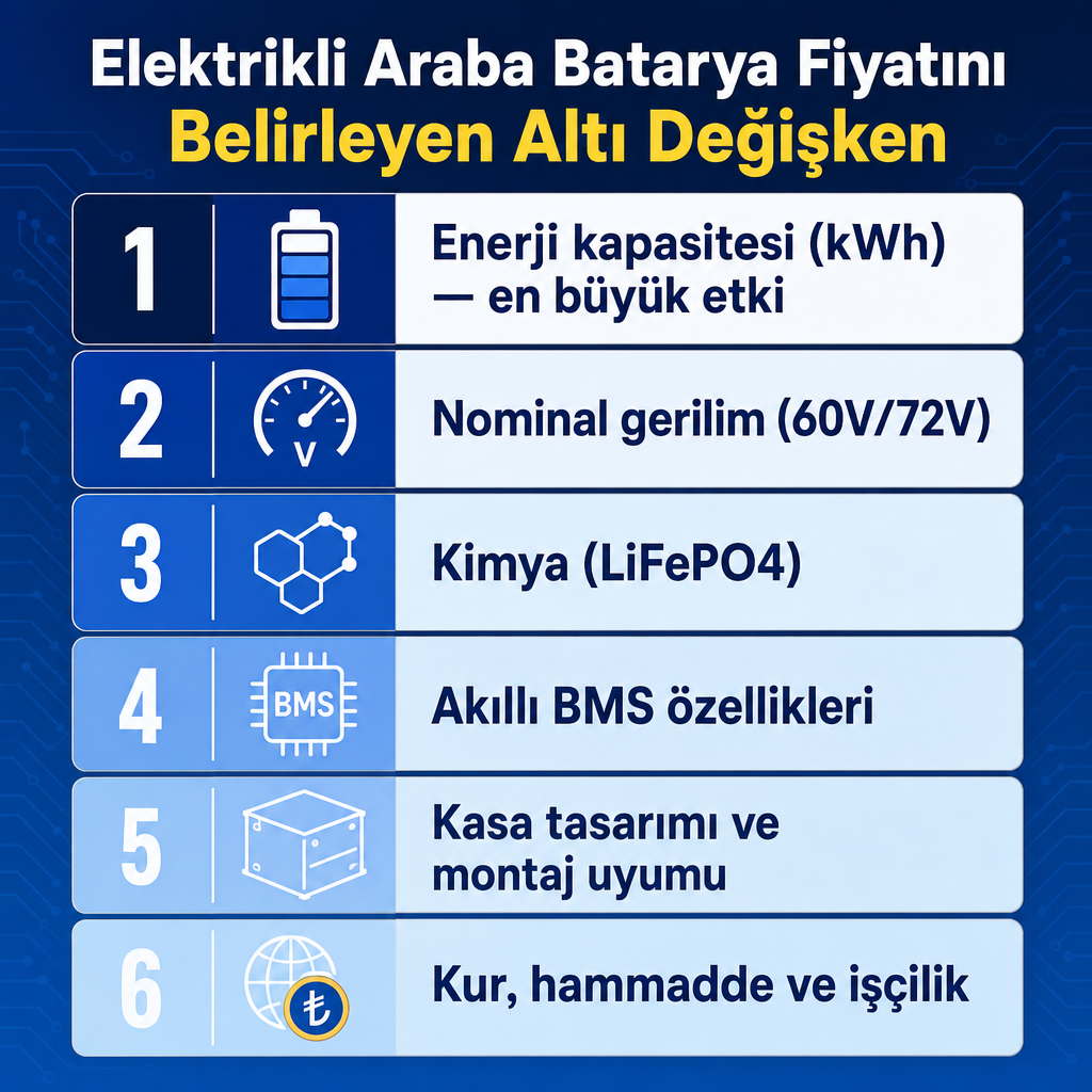 Elektrikli araba batarya fiyatını belirleyen altı temel değişkeni etkilerine göre sıralayan infografik