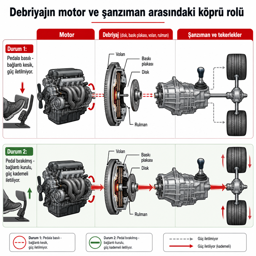 Motor, debriyaj ve şanzıman arasındaki bağlantıyı pedal basılı ve bırakılmış iki durumda gösteren şema