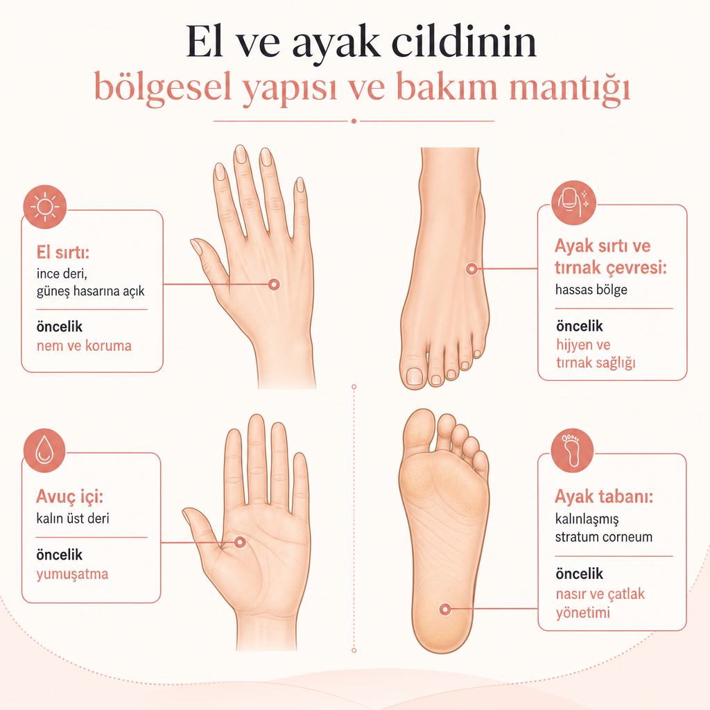 El ve ayağın farklı bölgelerinin cilt yapısını ve her bölgeye uygun bakım önceliğini gösteren kavramsal diyagram