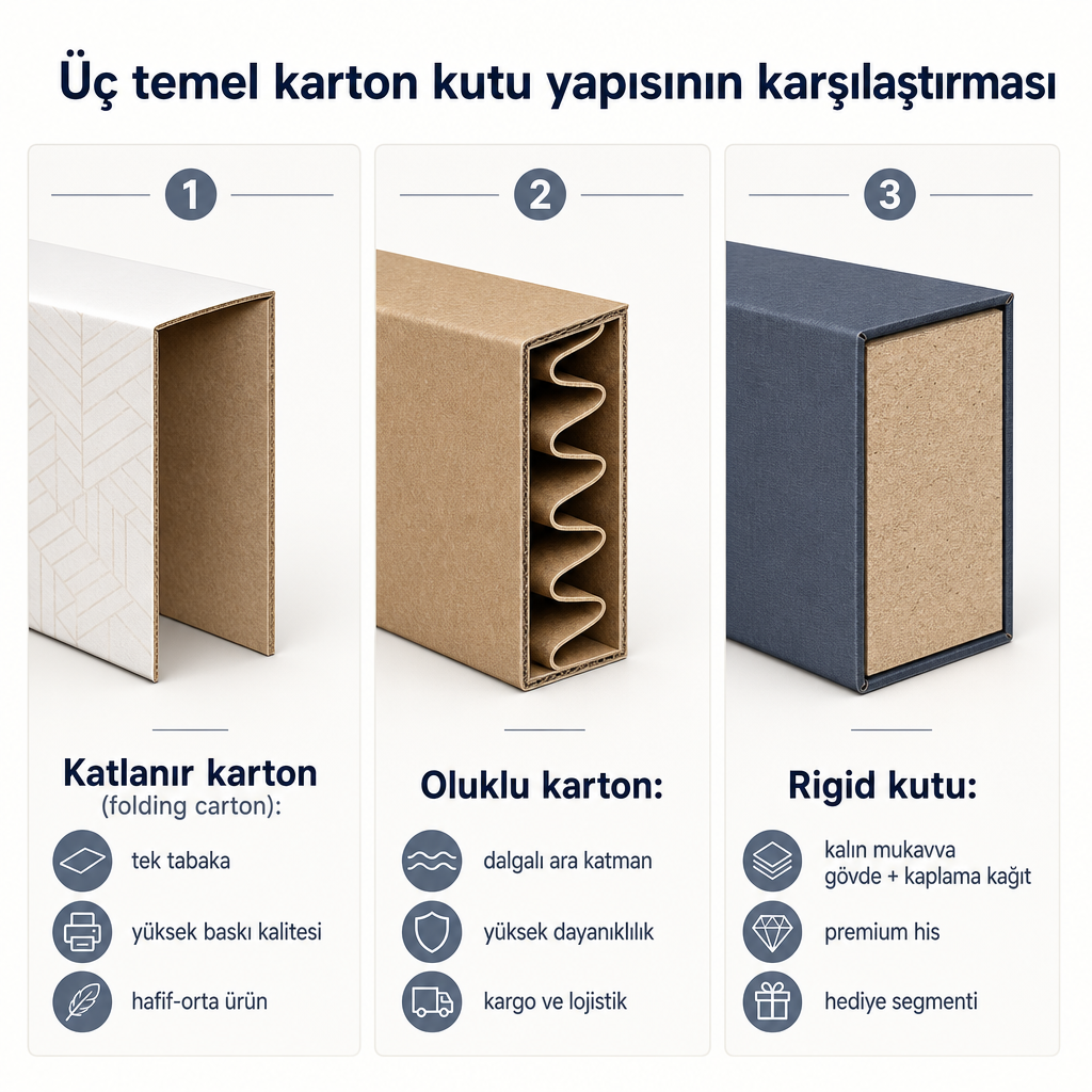 Katlanır karton, oluklu karton ve rigid kutu duvar yapılarını yan yana gösteren kavramsal karşılaştırma görseli