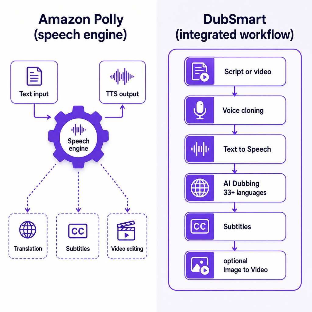 Side-by-side concept diagram contrasting a standalone speech engine with an integrated localization pipeline.