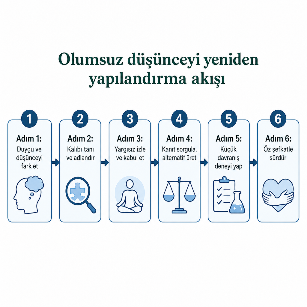 Olumsuz düşünceyi fark etmeden alternatif üretmeye ve davranışla test etmeye uzanan altı adımlı süreç şeması