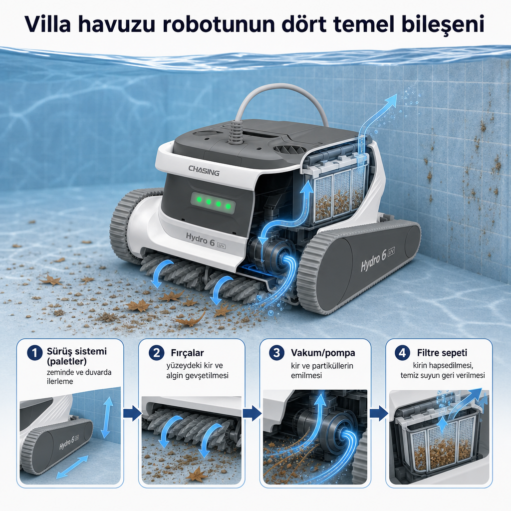 Havuz robotunun sürüş, fırça, vakum ve filtre bileşenlerini gösteren kavramsal kesit şeması