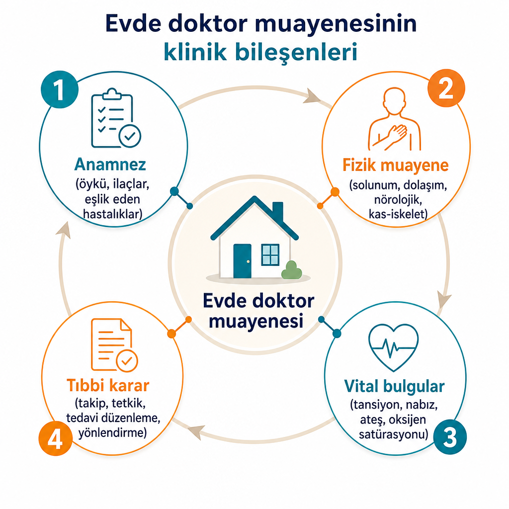 Evde doktor muayenesinin dört ana bileşenini gösteren kavramsal şema: anamnez, fizik muayene, vital bulgular ve tıbbi karar.