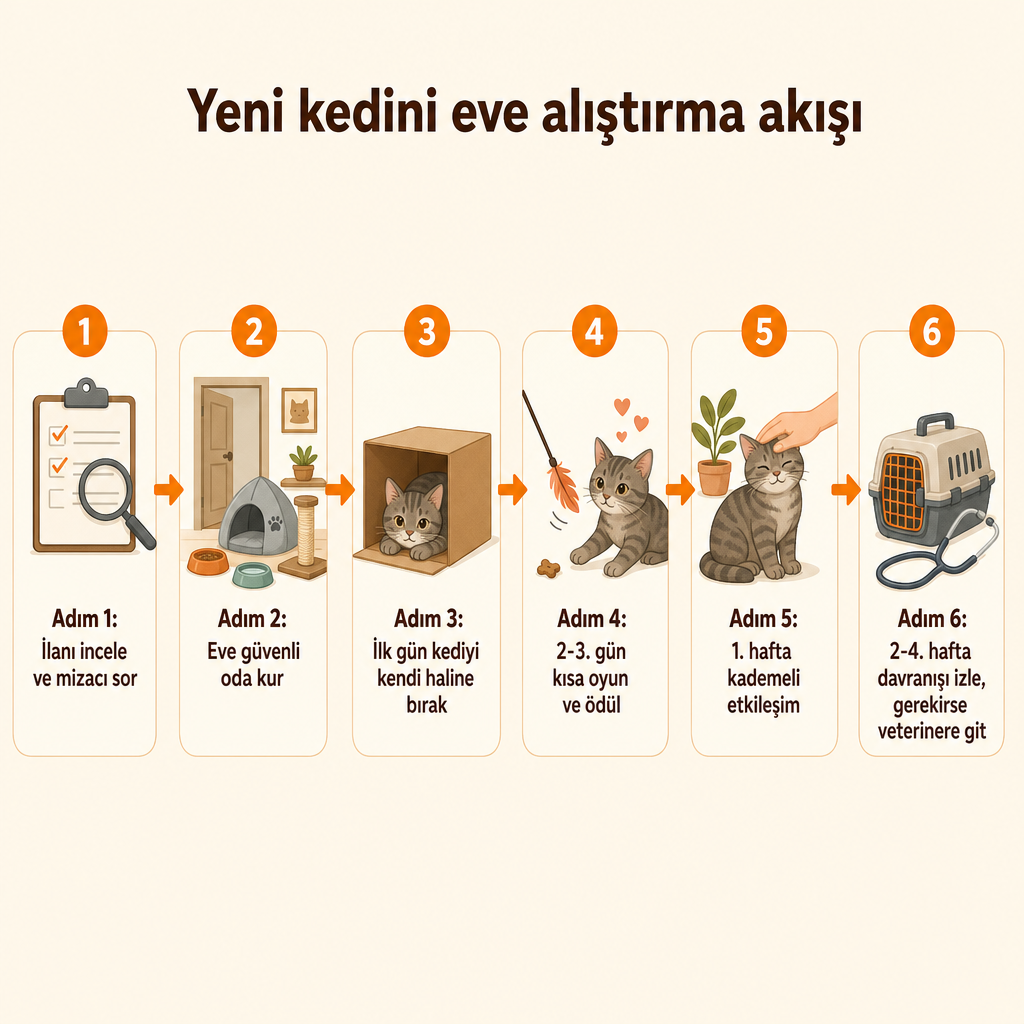 Kediyi eve alıştırma sürecinin altı adımlı akış şeması
