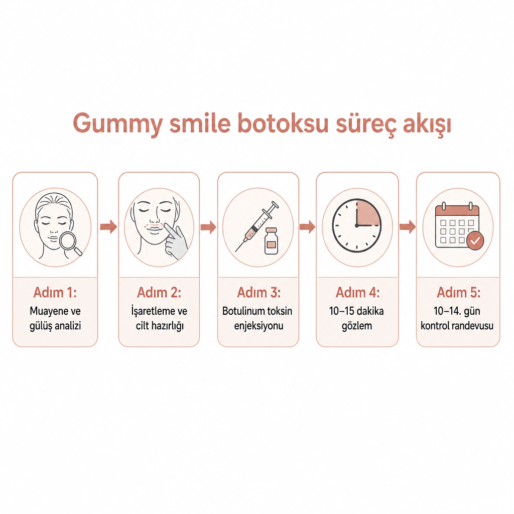 Muayeneden kontrol randevusuna uzanan beş adımlı gummy smile botoksu süreç diyagramı