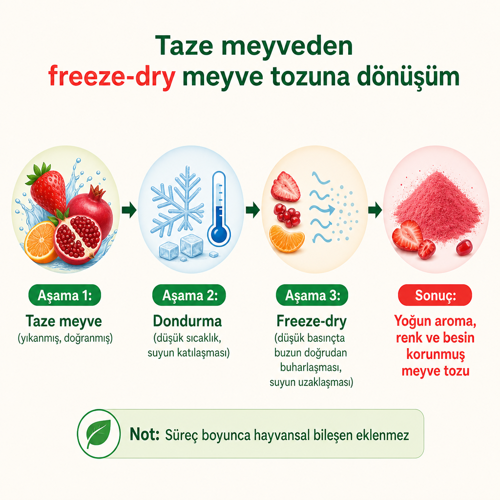 Taze meyvenin dondurma ve freeze-dry aşamalarından geçerek meyve tozuna dönüşümünü gösteren kavramsal diyagram
