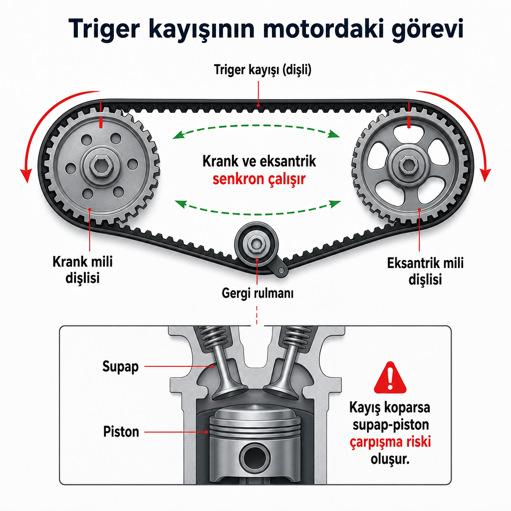 Krank mili, eksantrik mili ve triger kayışı arasındaki senkronizasyonu gösteren şematik diyagram