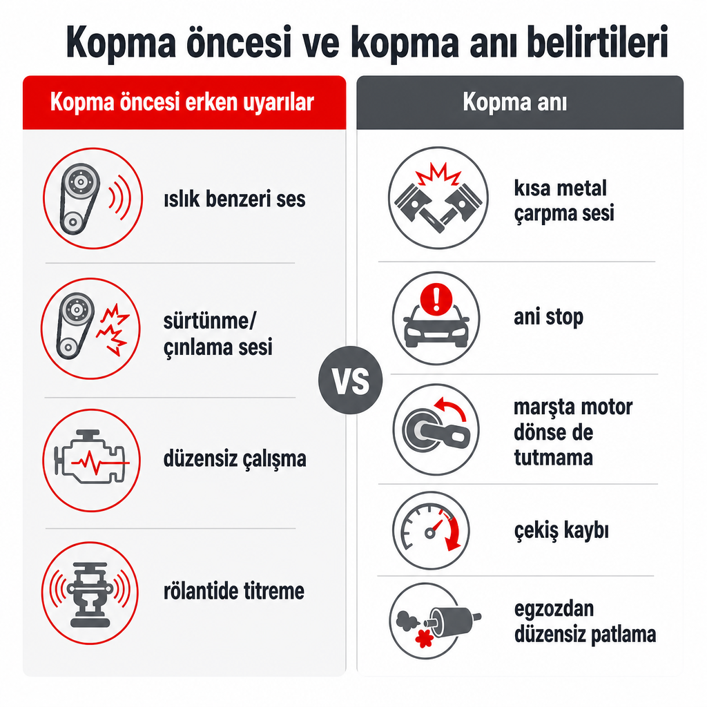 Triger kayışı kopmadan önceki uyarı belirtileri ile kopma anındaki belirtileri karşılaştıran görsel