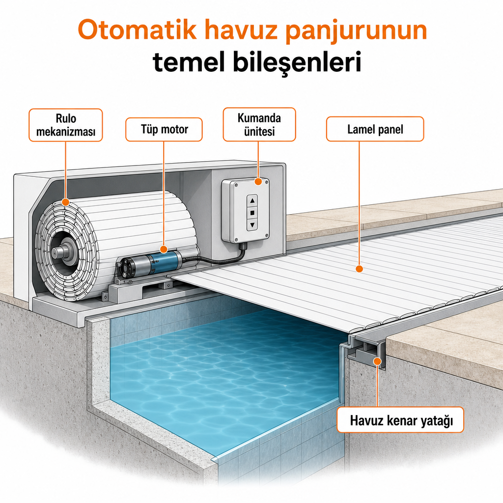 Otomatik havuz panjurunun rulo, lamel, motor ve kumanda bileşenlerini gösteren kavramsal kesit diyagramı