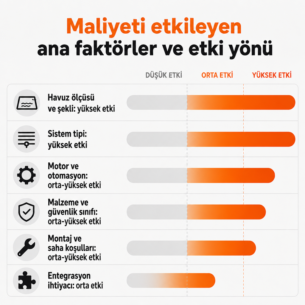 Otomatik havuz panjuru maliyetini etkileyen altı faktörün niteliksel etki düzeylerini gösteren karşılaştırma görseli