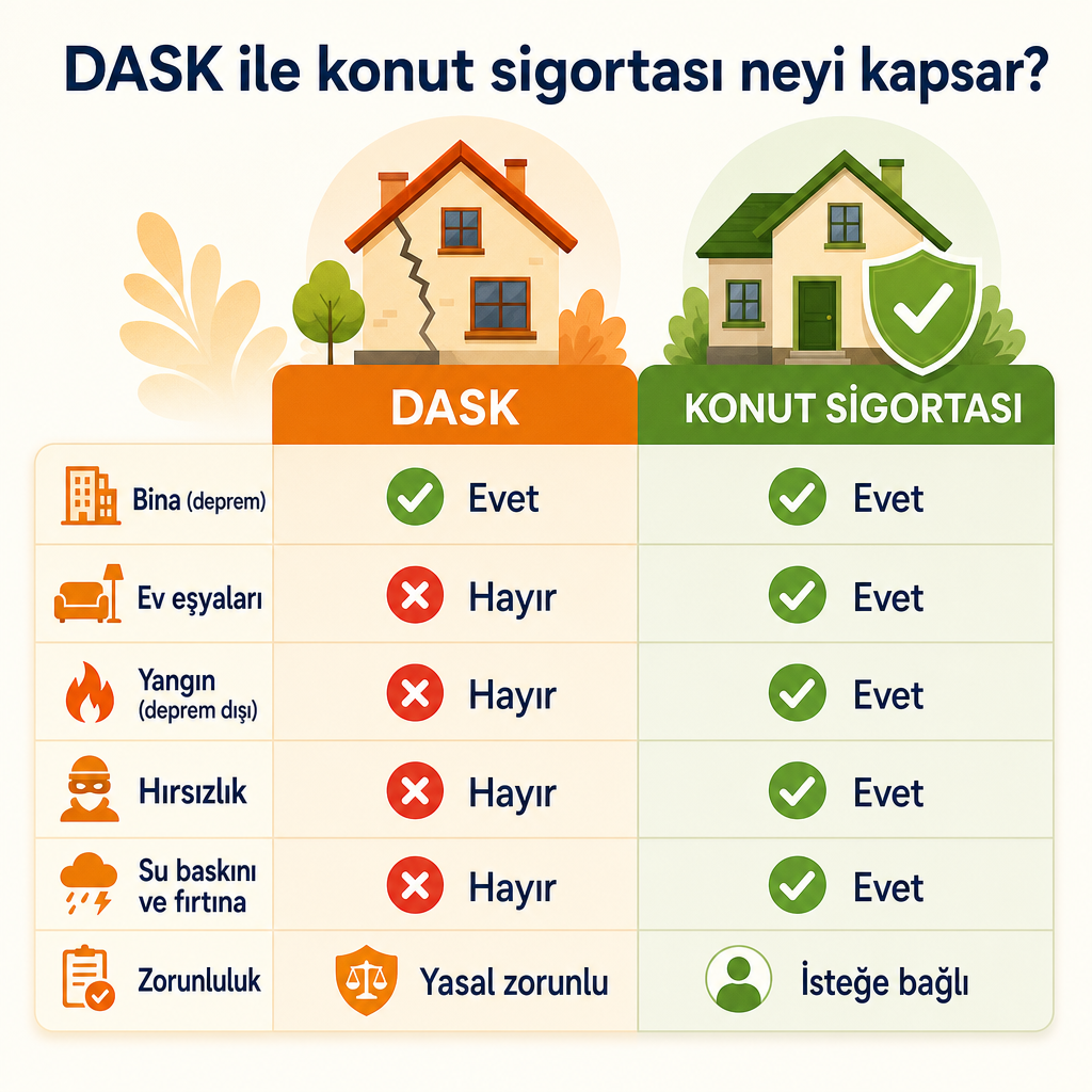DASK ve konut sigortasının kapsam ve zorunluluk açısından yan yana karşılaştırıldığı görsel tablo.
