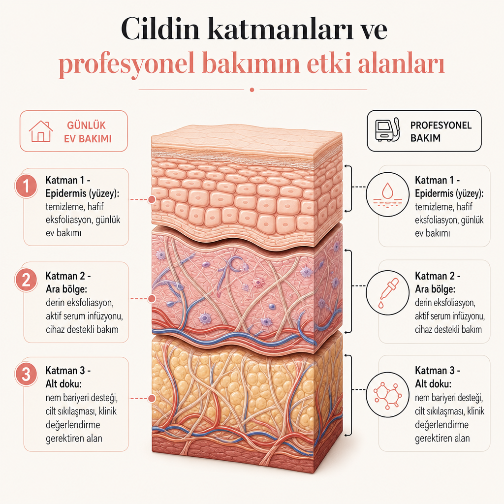 Cildin üç katmanını ve ev bakımı ile profesyonel bakımın hangi katmanda etkili olduğunu gösteren şema
