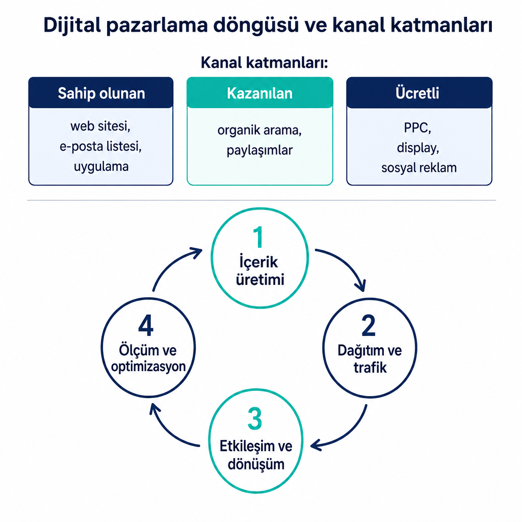Sahip olunan, kazanılan ve ücretli kanalları ve dört aşamalı ölçüm döngüsünü gösteren kavramsal diyagram