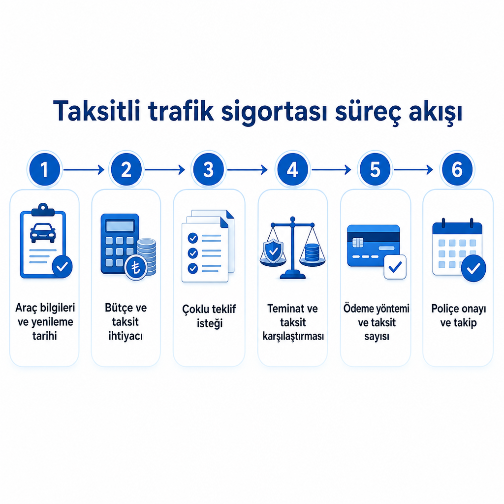 Taksitli trafik sigortası için altı adımlı süreç akış şeması