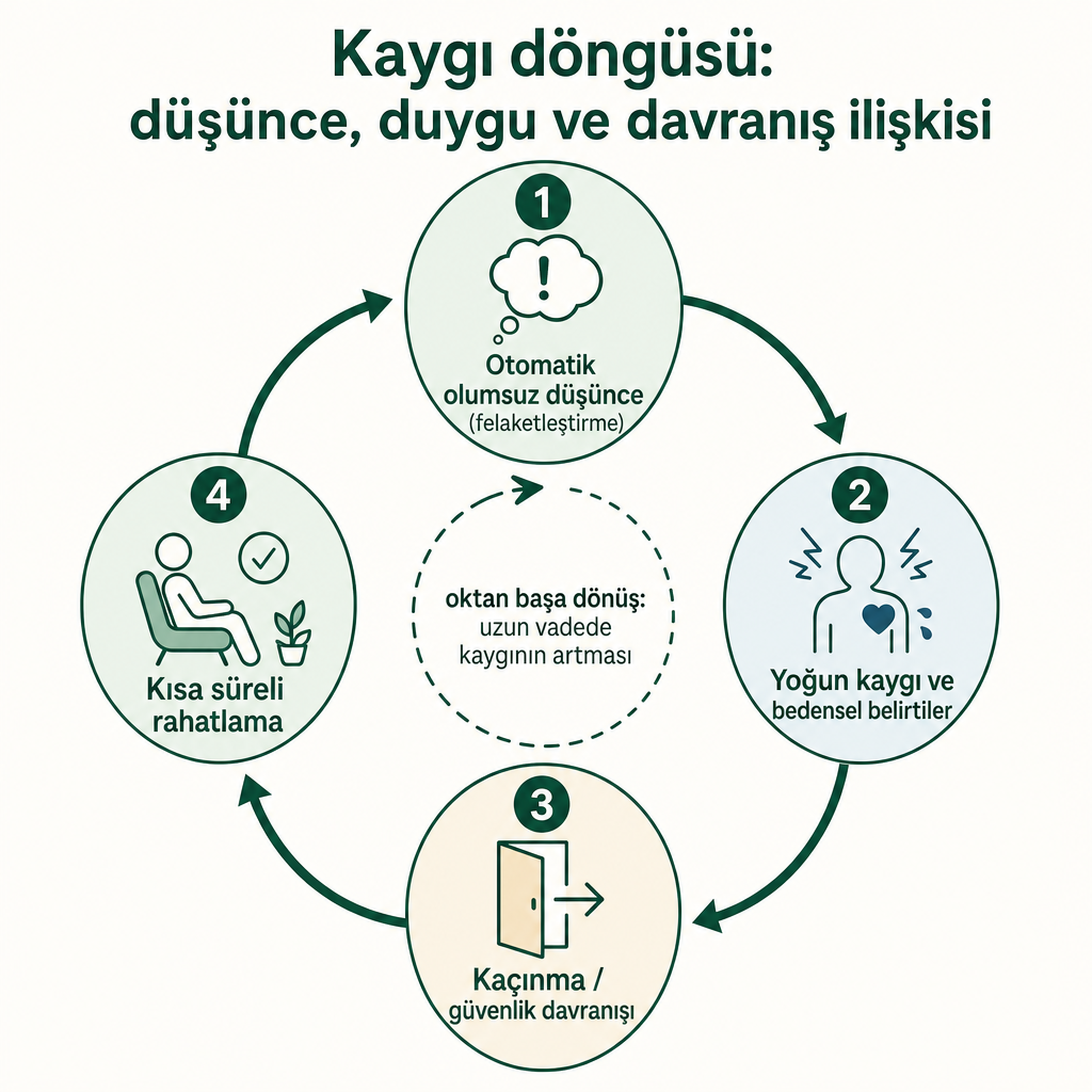 Otomatik düşünceden kaygıya, kaçınmaya ve kısa süreli rahatlamaya uzanan ve tekrar başa dönen kaygı döngüsünü gösteren şema