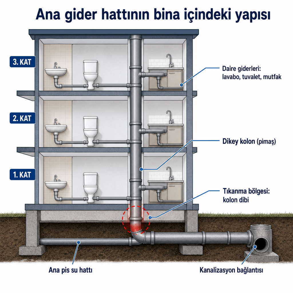 Bina içindeki daire giderlerinin dikey kolona ve oradan bina dışı ana pis su hattına bağlandığını gösteren kesit diyagramı