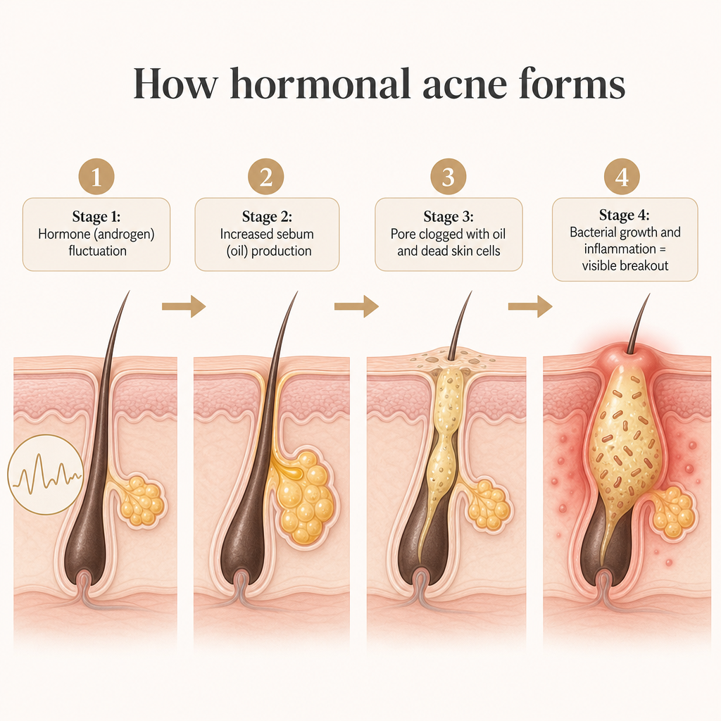 Four-stage diagram showing hormone fluctuation leading to excess oil, clogged pores, and inflammation.