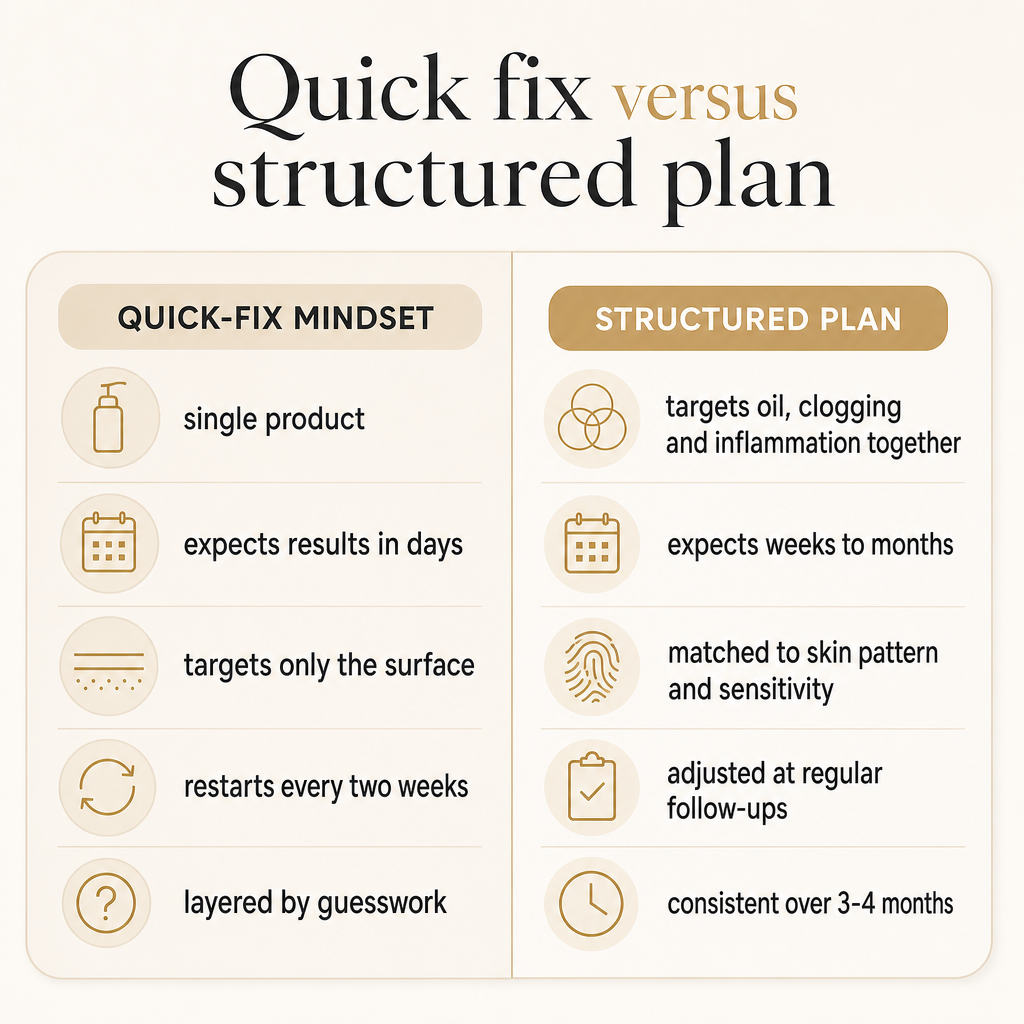 Comparison of a single-product quick-fix mindset against a structured, adjusted multi-month plan.