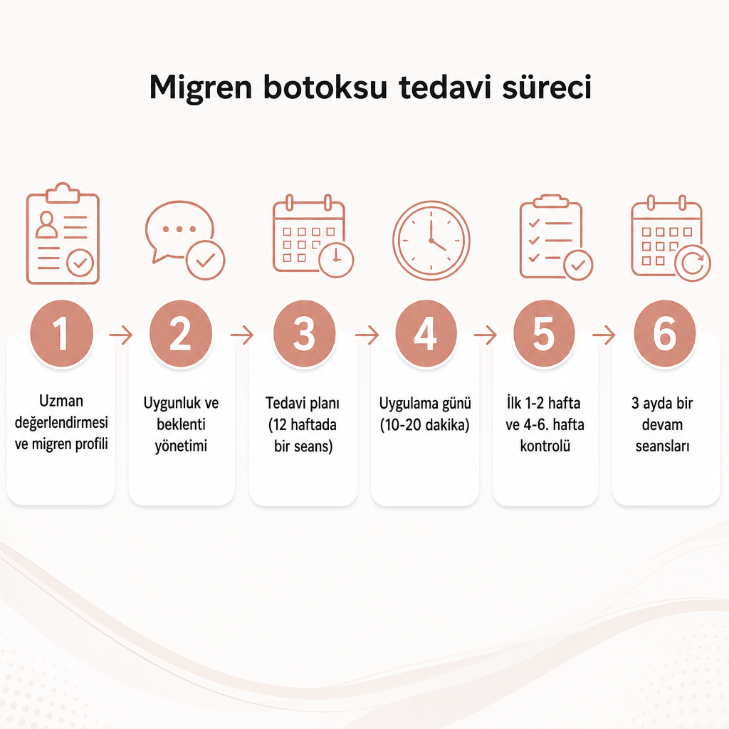 Migren botoksu sürecinin altı aşamalı diyagramı: değerlendirme, uygunluk, plan, uygulama, kontrol ve devam seansları