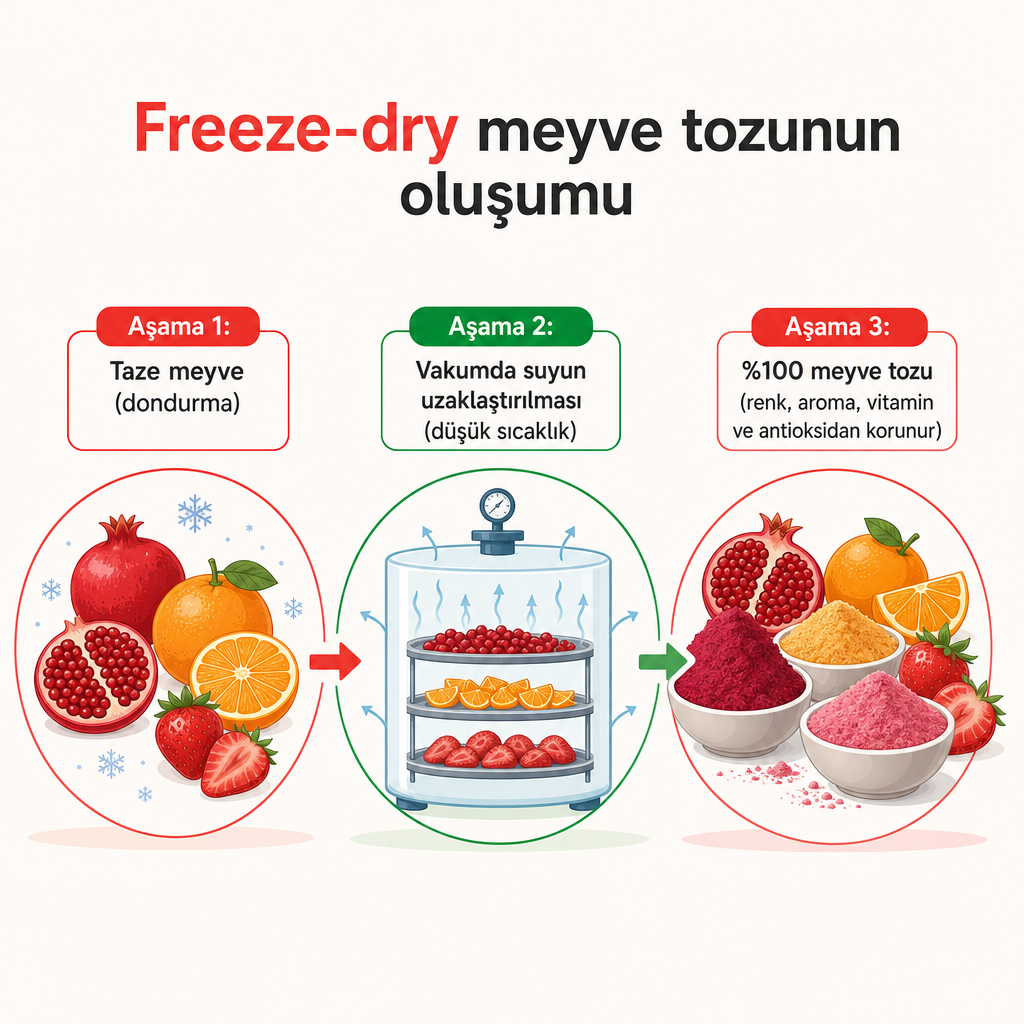 Taze meyveden dondurarak kurutma yoluyla meyve tozuna geçişi gösteren üç aşamalı kavramsal diyagram
