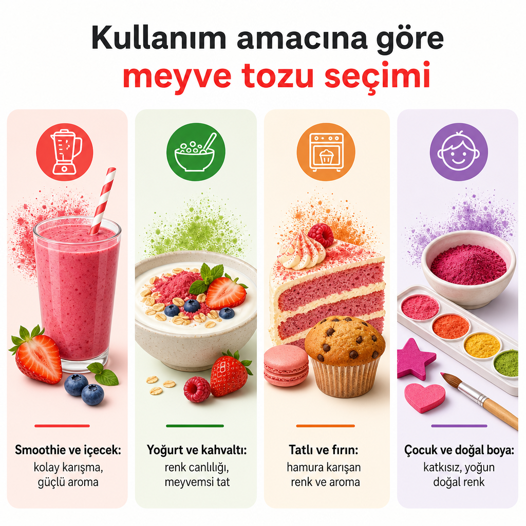 Meyve tozunun dört ana kullanım senaryosunu ve her biri için öne çıkan seçim kriterini gösteren karşılaştırma görseli