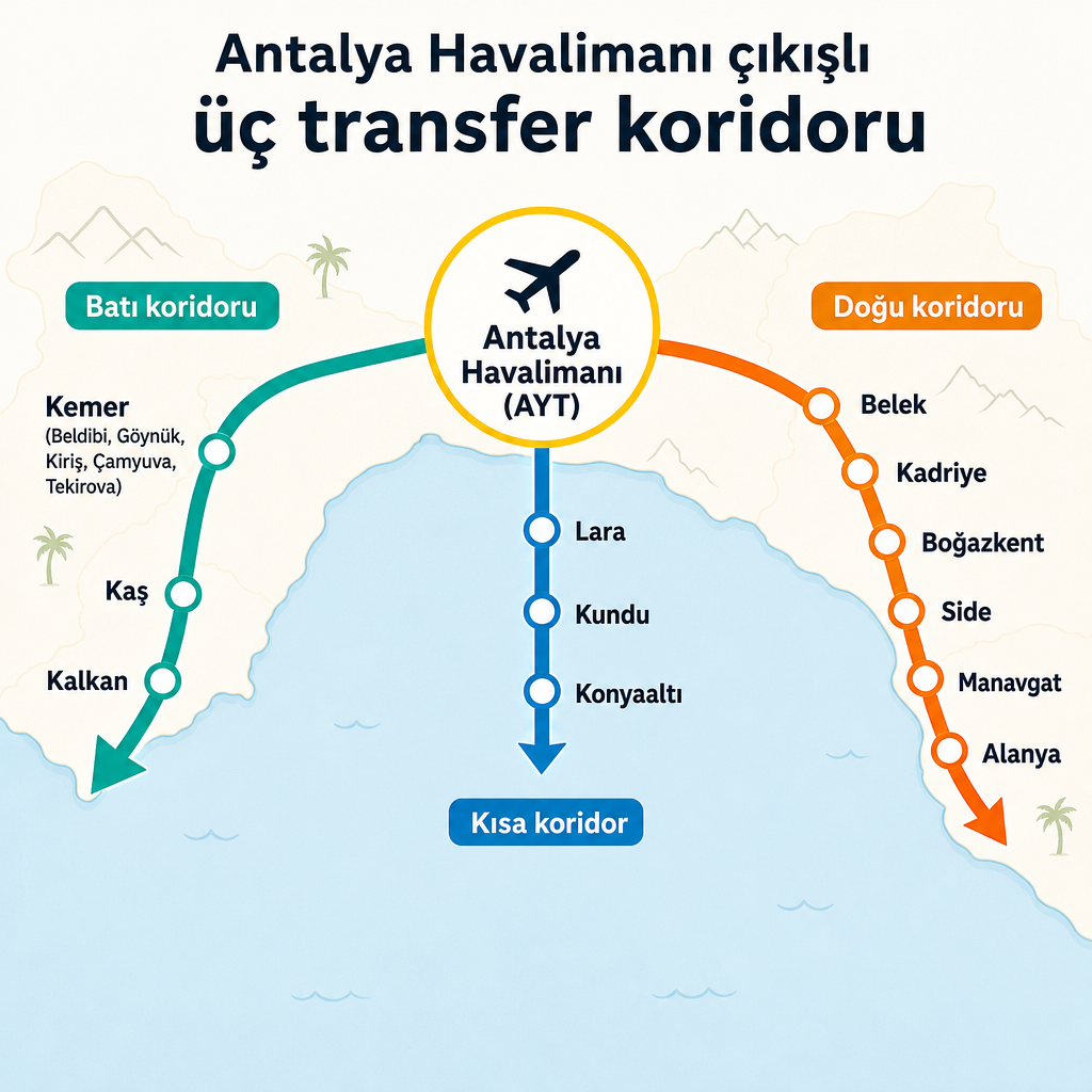 Conceptual diagram showing transfer routes branching from Antalya Airport into the western, short, and eastern corridors.
