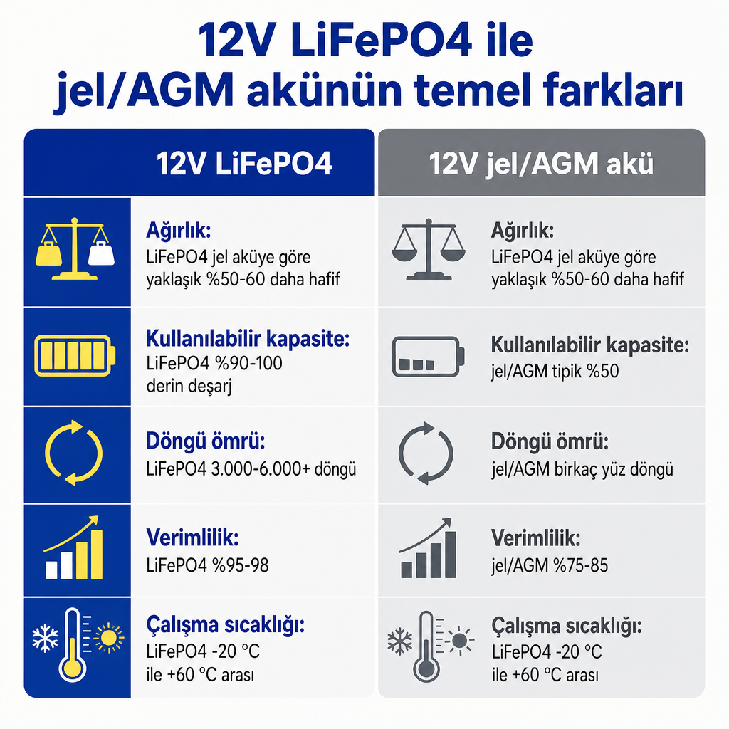 12V LiFePO4 akü ile jel/AGM akünün ağırlık, kapasite, ömür ve verimlilik açısından karşılaştırması