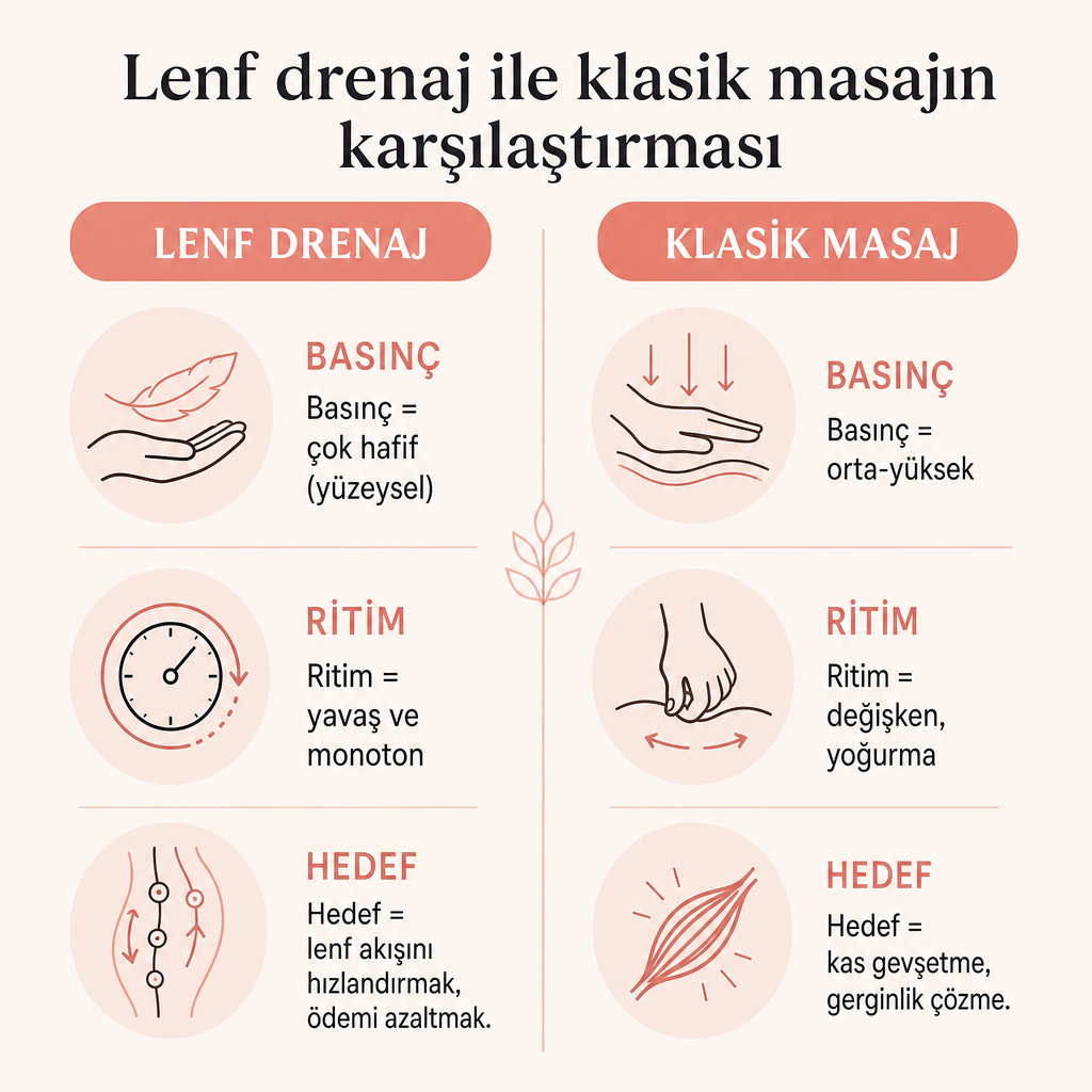 Lenf drenaj masajı ile klasik masajın basınç, ritim ve hedef açısından karşılaştırıldığı diyagram.