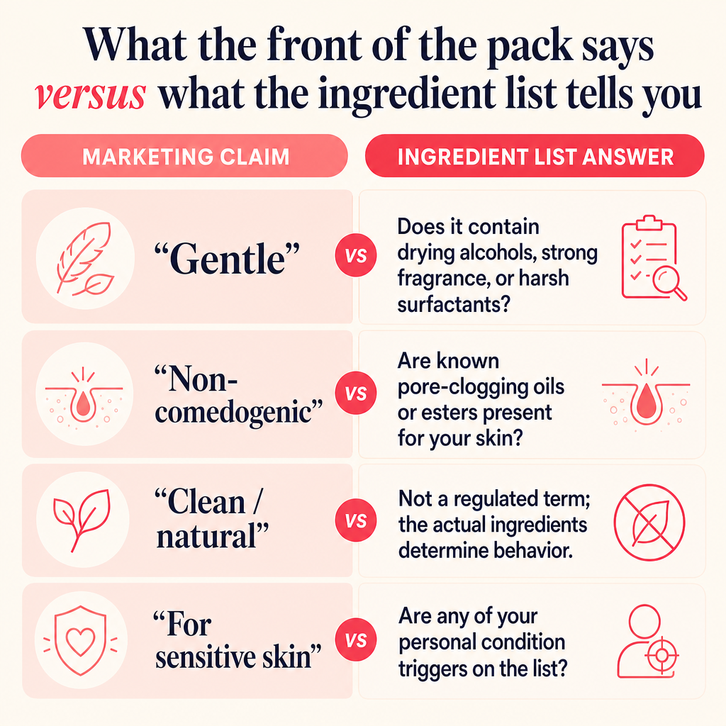 Comparison graphic contrasting loosely regulated marketing claims with the concrete questions an ingredient list answers.