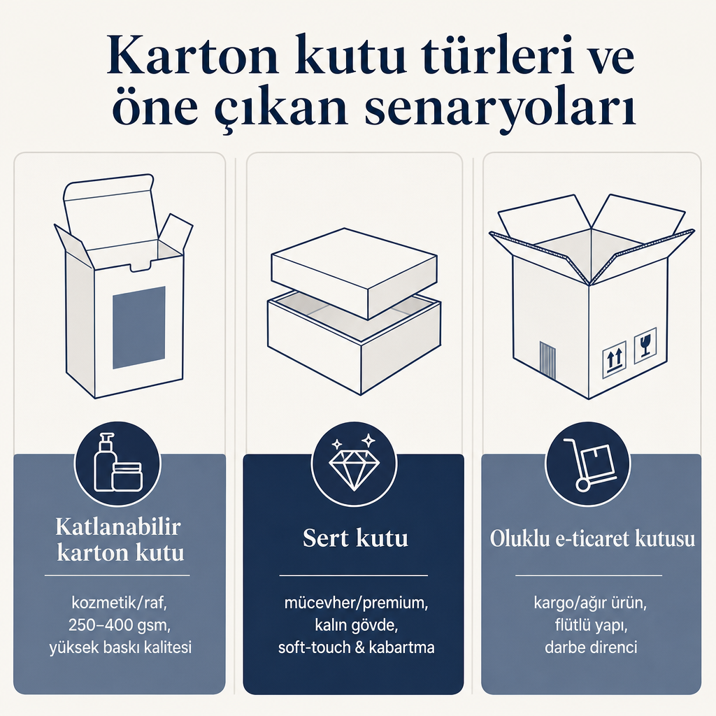 Katlanabilir karton kutu, sert kutu ve oluklu e-ticaret kutusunu kullanım ve malzeme açısından karşılaştıran şema