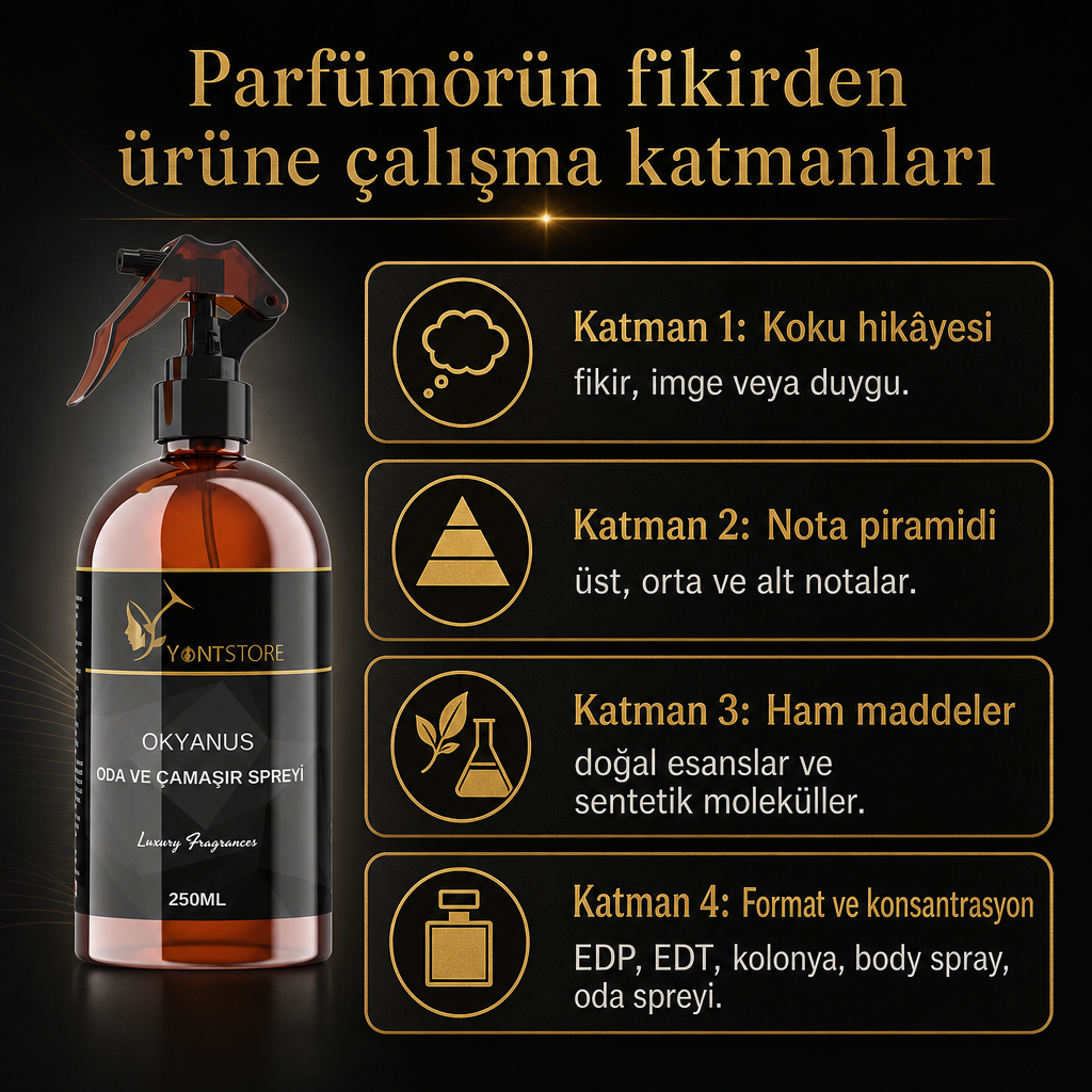 Parfümörün koku fikrini nota piramidi, ham madde ve formata dönüştürdüğü dört katmanlı kavramsal diyagram.