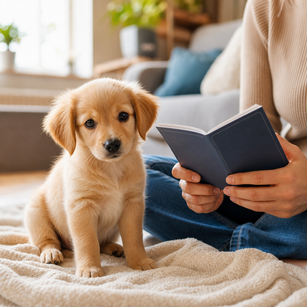Bir yavru köpeğin yanında sağlık karnesi tutan bir kişi