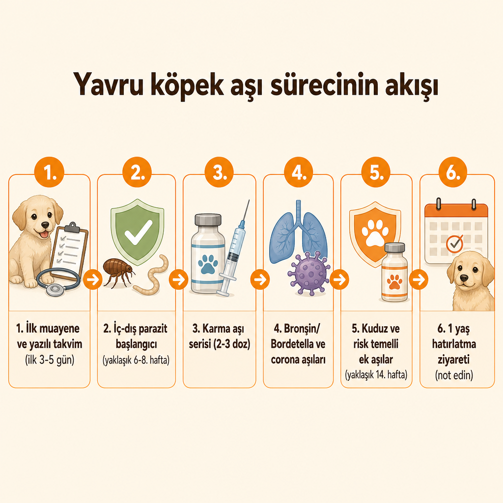 Yavru köpek aşı sürecinin altı aşamalı akış şeması