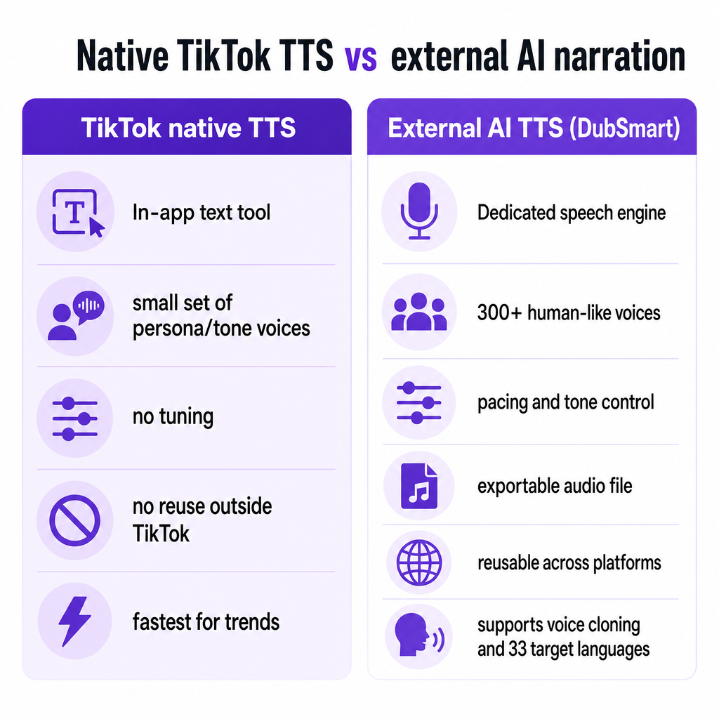 Side-by-side comparison of native TikTok text to speech and external AI narration showing voice count, control, reuse, and language reach.