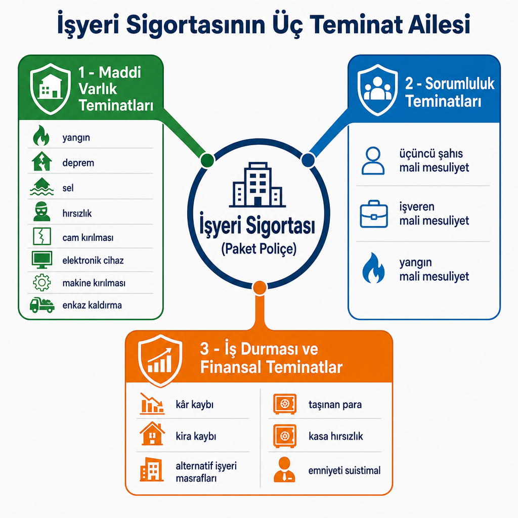 İşyeri sigortasının maddi varlık, sorumluluk ve iş durması olmak üzere üç teminat ailesini gösteren şema.