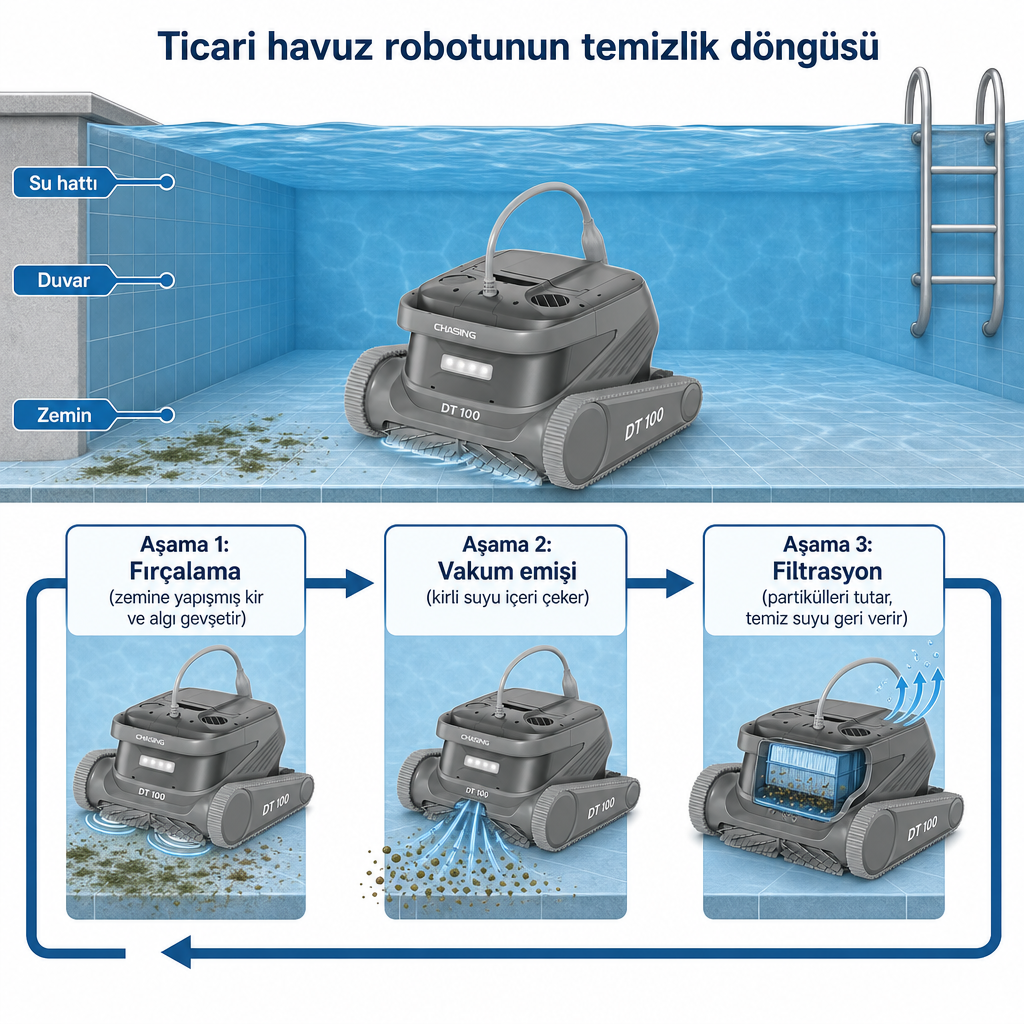 Ticari havuz robotunun fırçalama, emiş ve filtrasyon aşamalarını gösteren kesit diyagramı