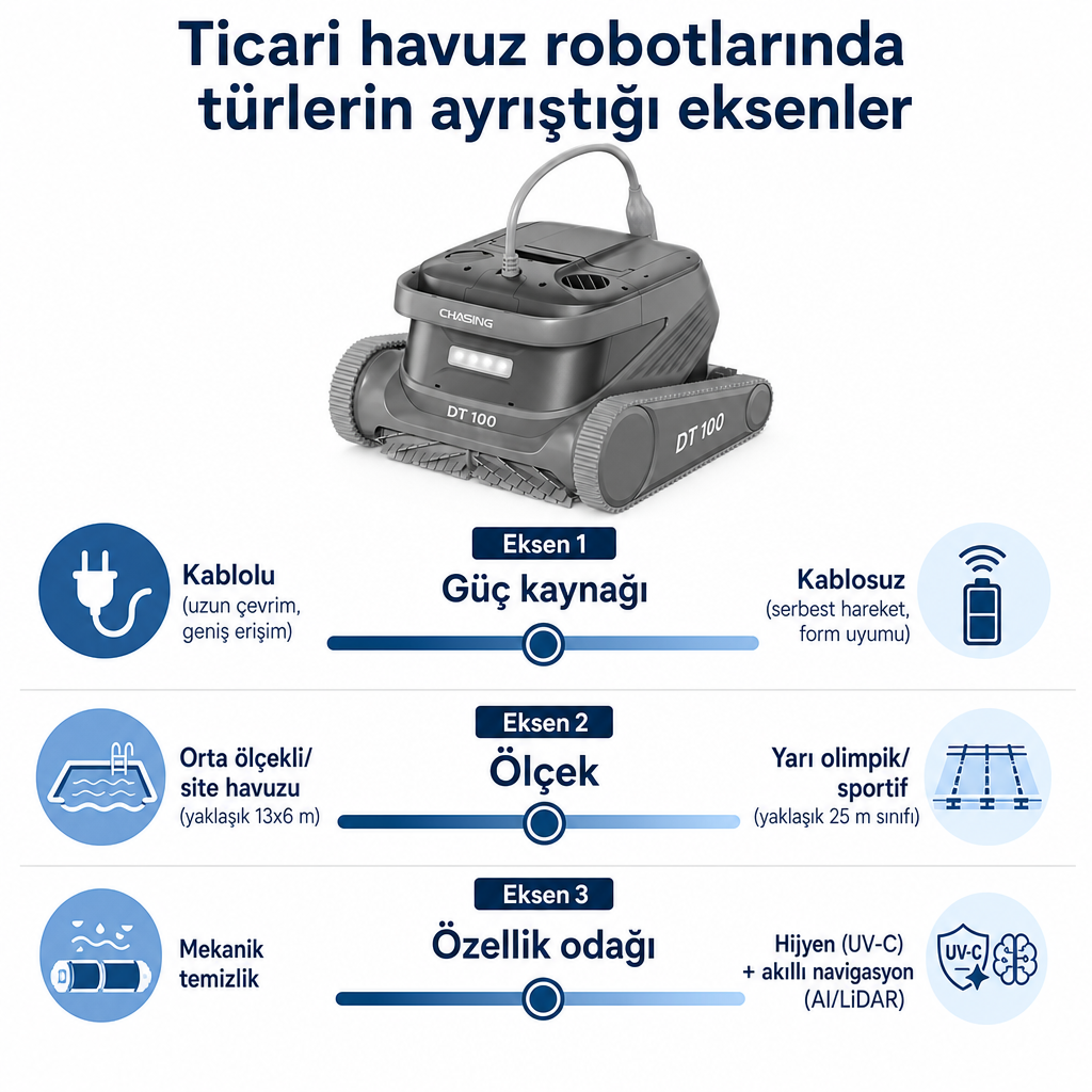 Ticari havuz robotlarını güç kaynağı, ölçek ve özellik odağı eksenlerinde ayrıştıran karşılaştırma grafiği