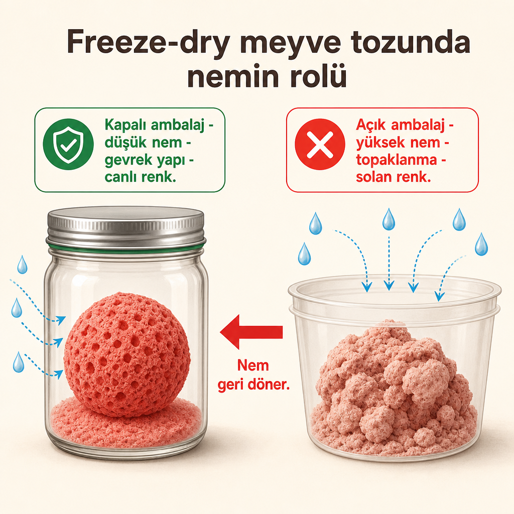 Kapalı ve açık ambalajda freeze-dry meyve tozunun neme verdiği tepkiyi karşılaştıran kavramsal diyagram.