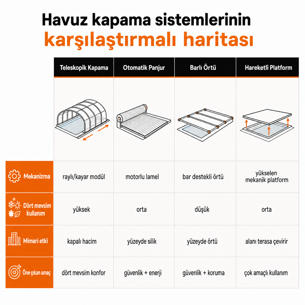 Teleskopik kapama, otomatik panjur, barlı örtü ve hareketli platform sistemlerini mekanizma, kullanım ve mimari etki açısından karşılaştıran kavramsal tablo