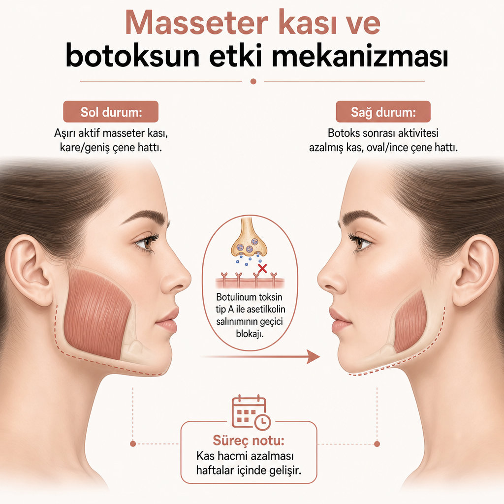 Masseter kasının aktif ve gevşemiş halini karşılaştıran, kare ve oval çene hattı farkını gösteren diyagram.