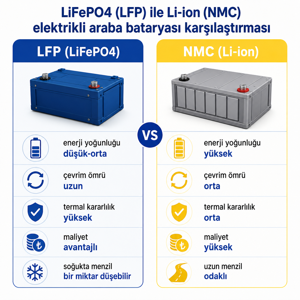 LiFePO4 ve NMC elektrikli araba bataryalarının enerji yoğunluğu, ömür, güvenlik ve maliyet açısından karşılaştırması.