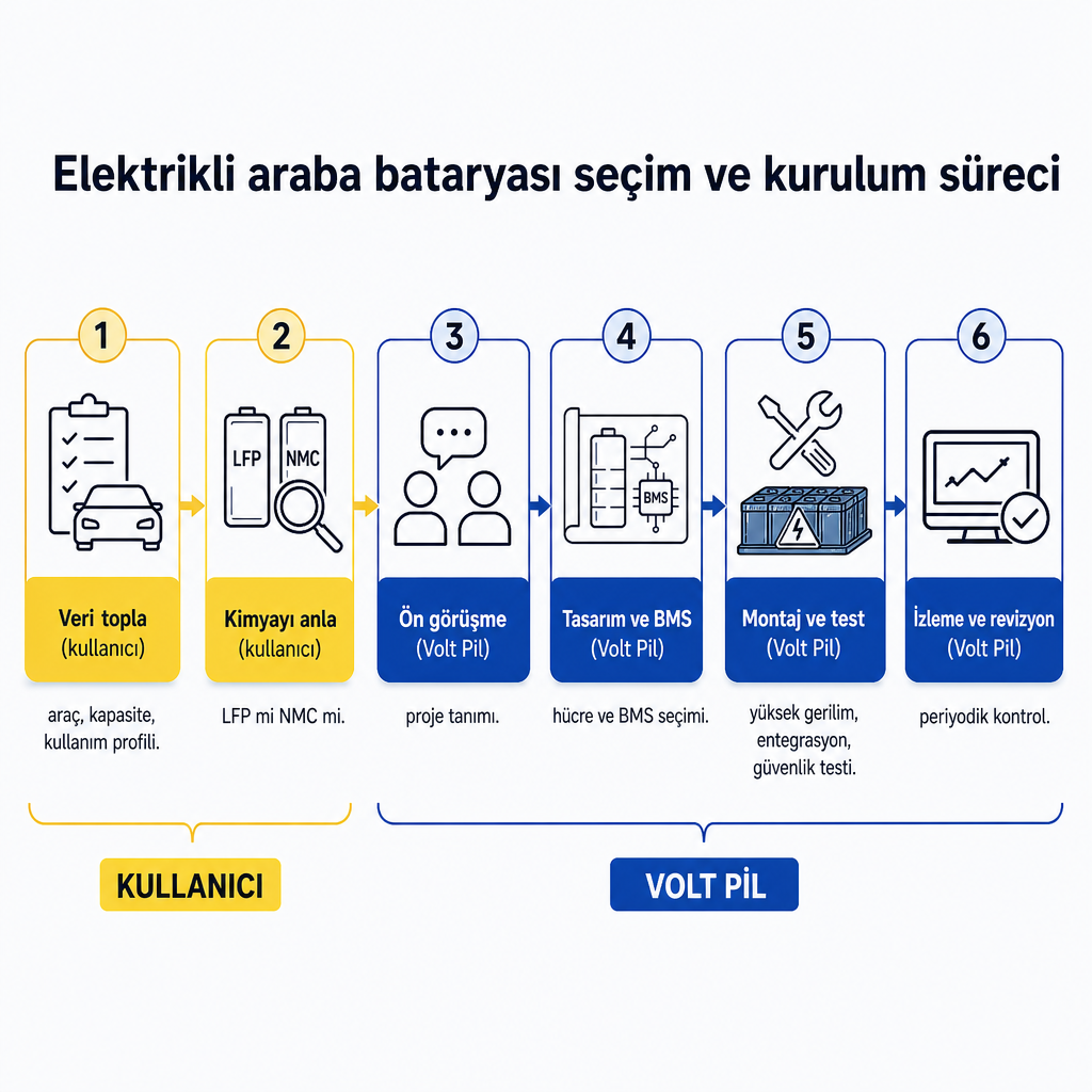 Elektrikli araba bataryası seçim ve kurulum sürecinin kullanıcı ve Volt Pil sorumluluklarına göre altı adımlı akışı.