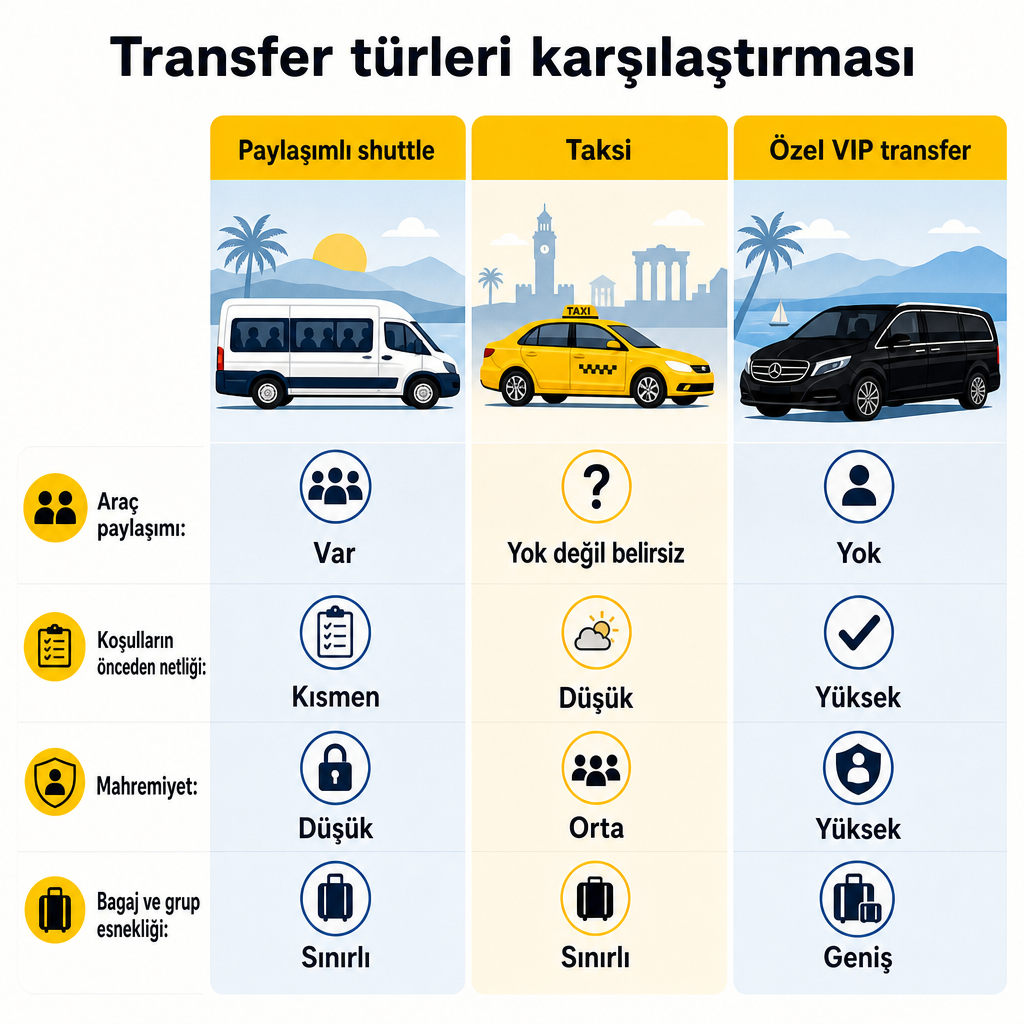 Paylaşımlı shuttle, taksi ve özel VIP transferin araç paylaşımı, koşul netliği, mahremiyet ve bagaj esnekliği açısından karşılaştırıldığı görsel