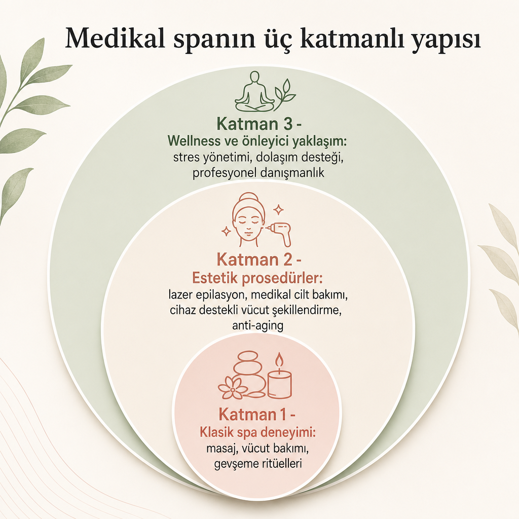 Medikal spanın klasik spa, estetik prosedürler ve wellness katmanlarını gösteren üç bölümlü kavramsal diyagram