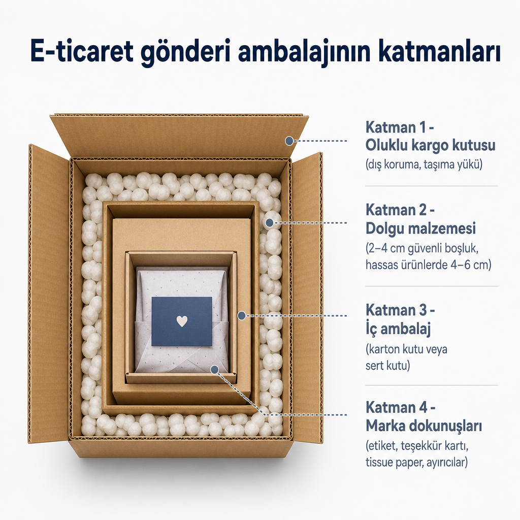 E-ticaret gönderi kutusunun dıştan içe dört katmanını gösteren kavramsal diyagram: oluklu koli, dolgu, iç ambalaj ve marka dokunuşları.