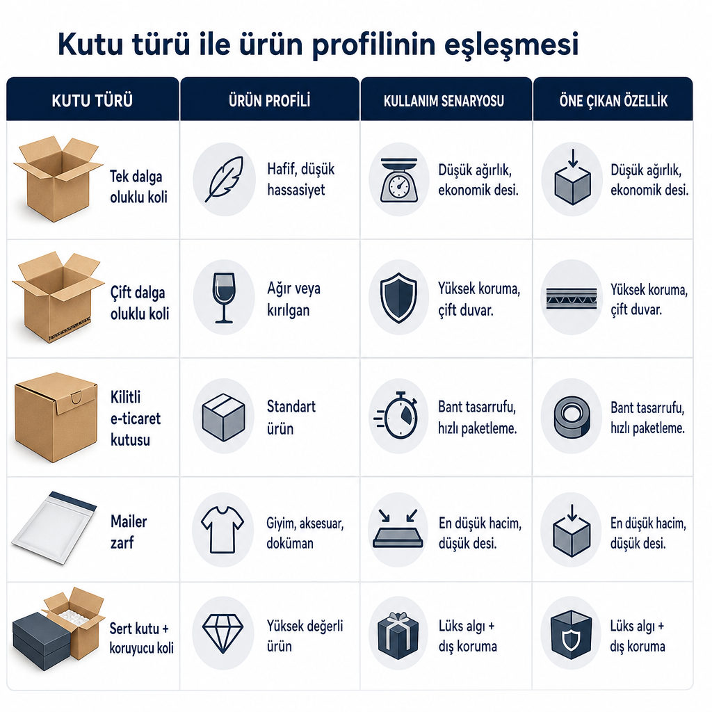 Kutu türlerini ürün profili, kullanım senaryosu ve öne çıkan özelliğe göre eşleştiren karşılaştırma tablosu.