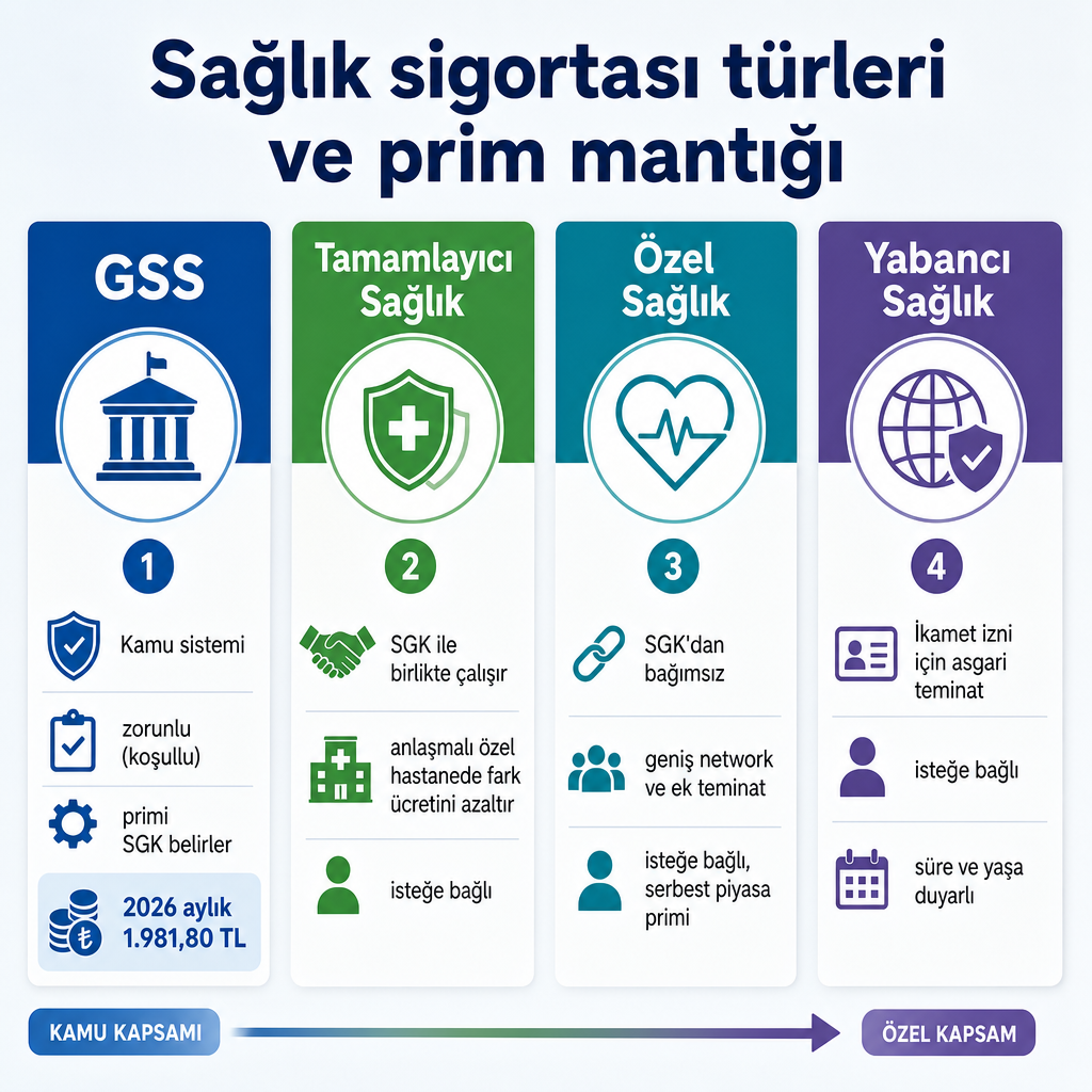 GSS, tamamlayıcı sağlık, özel sağlık ve yabancı sağlık sigortasının çalışma mantığını karşılaştıran görsel