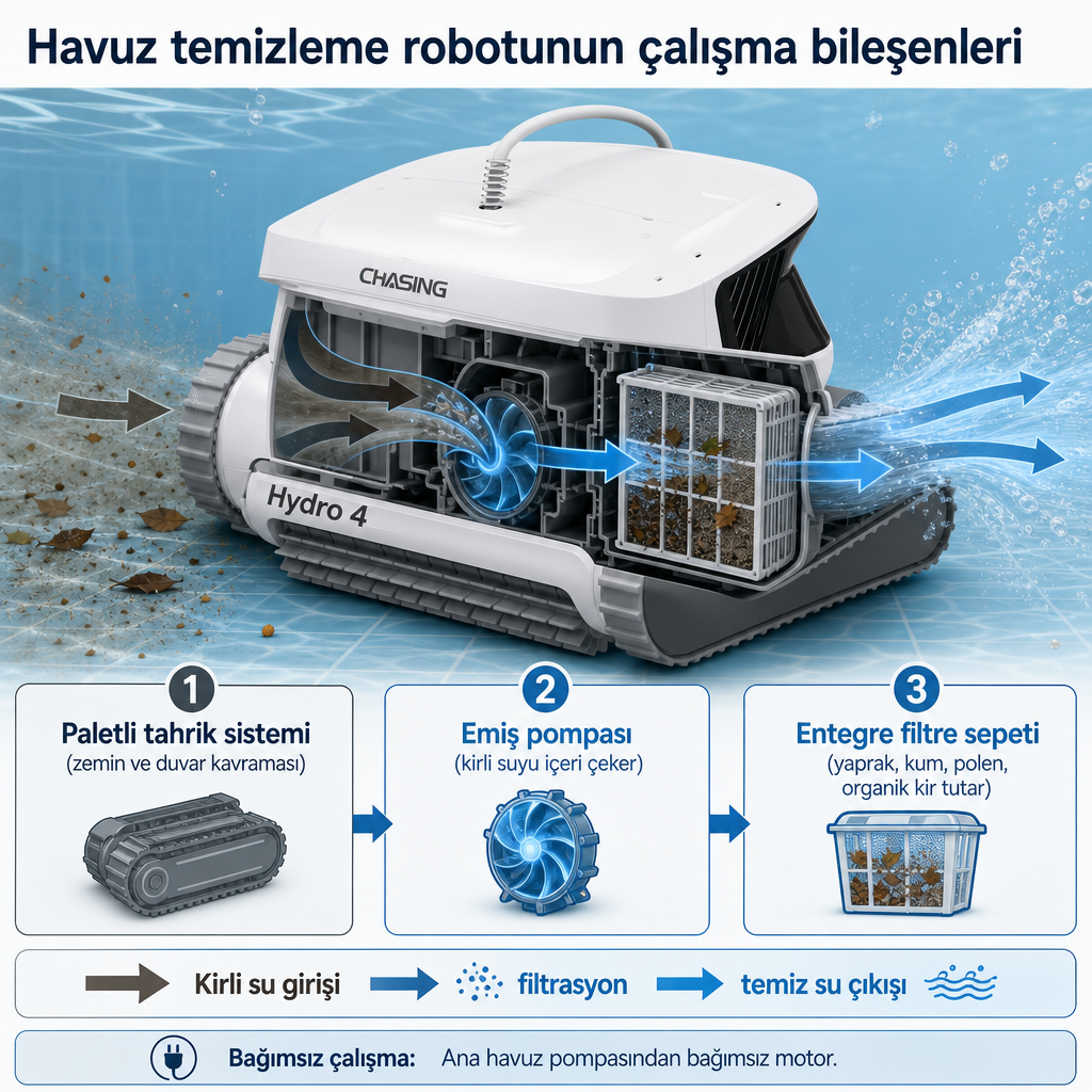 Havuz robotunun paletli tahrik, emiş pompası ve filtre sepetinden oluşan üç ana bileşenini gösteren kavramsal kesit diyagramı.